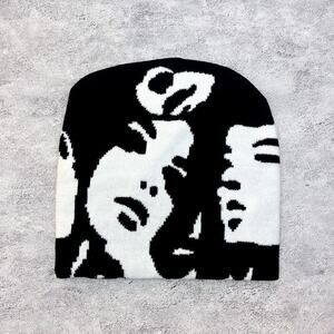 Y2k 2000s black and white faces beanie